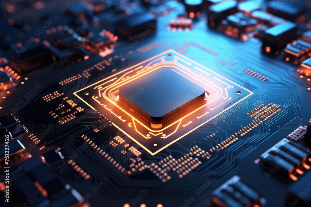 Poster close up of a cpu chip with glowing circuits. macro shot of electronic circuit board background, ai 