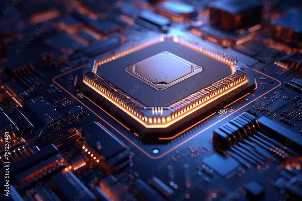 Poster close up of a cpu chip with glowing circuits. electronic circuit board with glowing lights on it gen