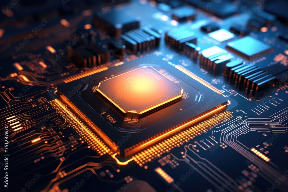 Poster close up of a cpu chip with glowing circuits. electronic circuit board with glowing lights on it gen