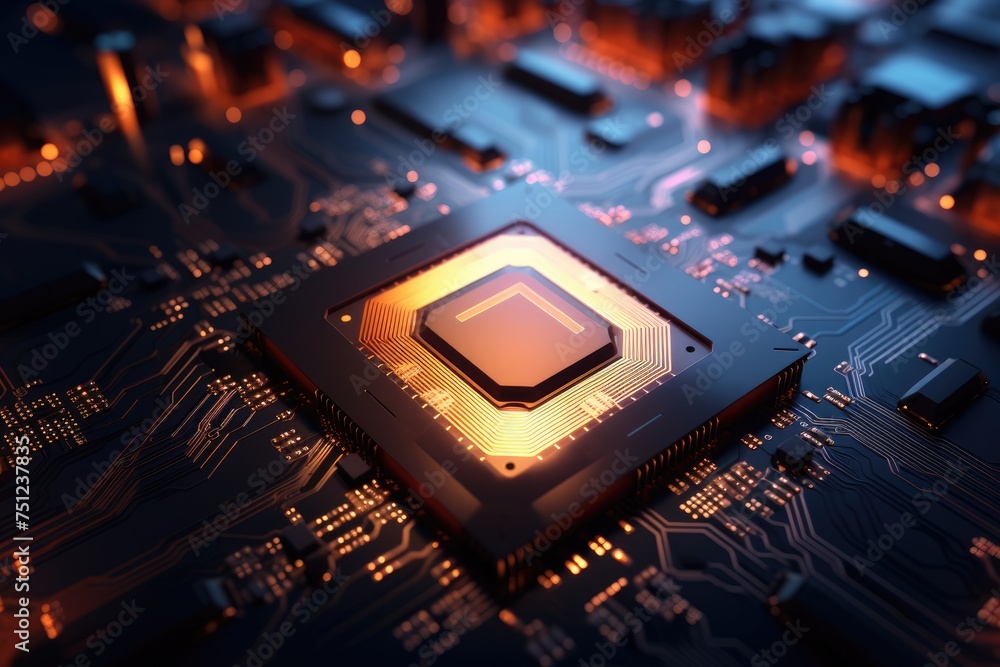Poster close up of a cpu chip with glowing circuits, computer processing unit cpu with labeled metaverse, a