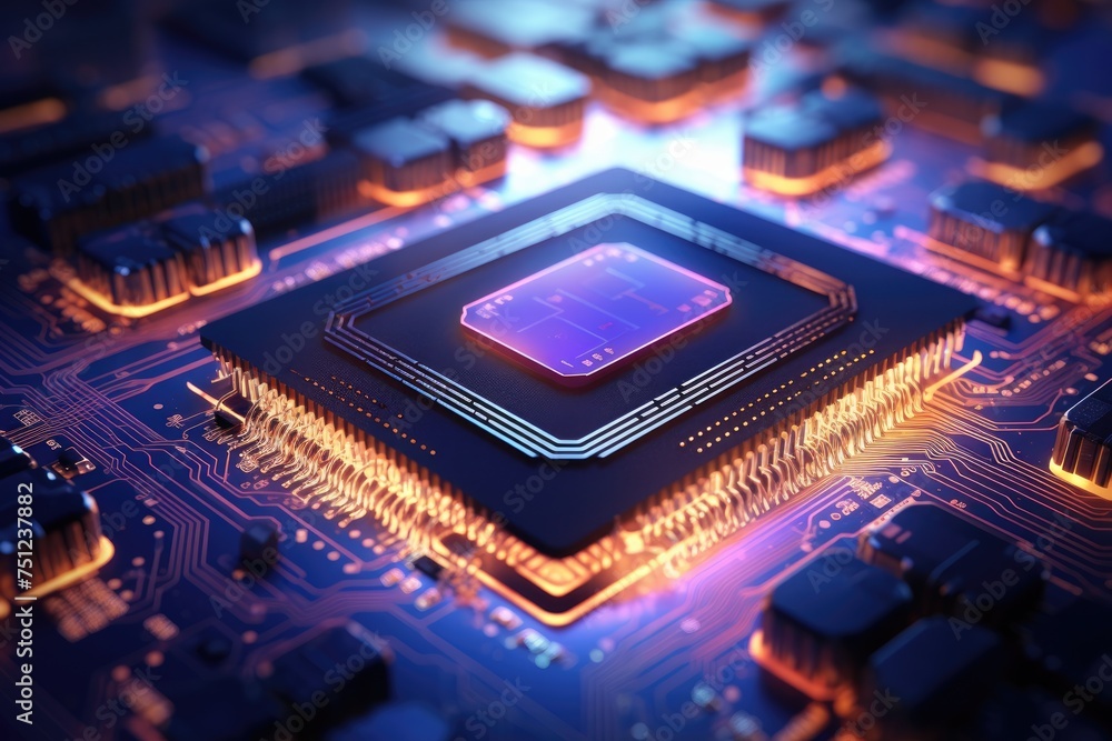 Poster close up of a cpu chip with glowing circuits, computer processing unit cpu with labeled metaverse, a