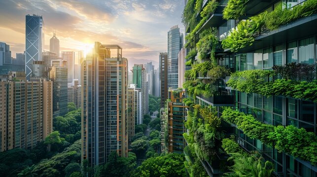 Eco-friendly skyscrapers and cityscape with many trees on each balcony. Modern architecture, vertical gardens, terraces with plants. a green city, featuring skyscrapers enveloped in verdant foliage