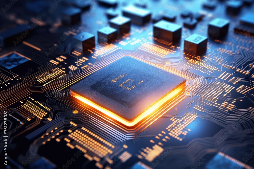 Poster close up of a cpu chip with glowing circuits, computer processing unit cpu with labeled metaverse, a