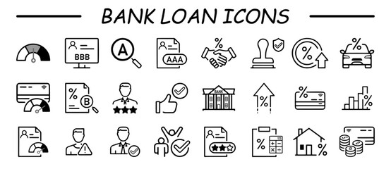 Set of thin line icons of loan and credit rating. Outline symbol collection.