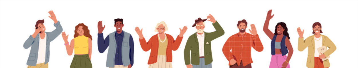 Different people say hello, hi set. Happy characters greeting, welcome or goodbye gesturing. Friendly senior does hat tip, woman arm up and waves with hand. Flat isolated vector illustration on white © Paper Trident