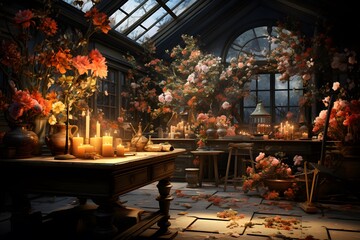 3D render of an old room with a large window and flowers