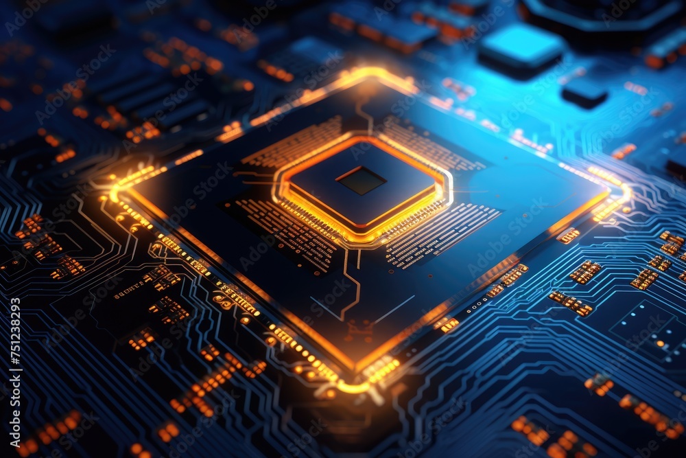 Poster close up of a cpu chip with glowing circuits, photo abstract microchip mother board background compu