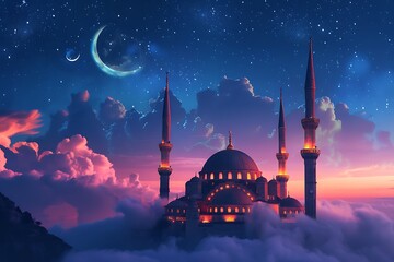Naklejka premium Illustration of mosque in the sky with an aesthetic-pastel cloud, night time with crescent poster
