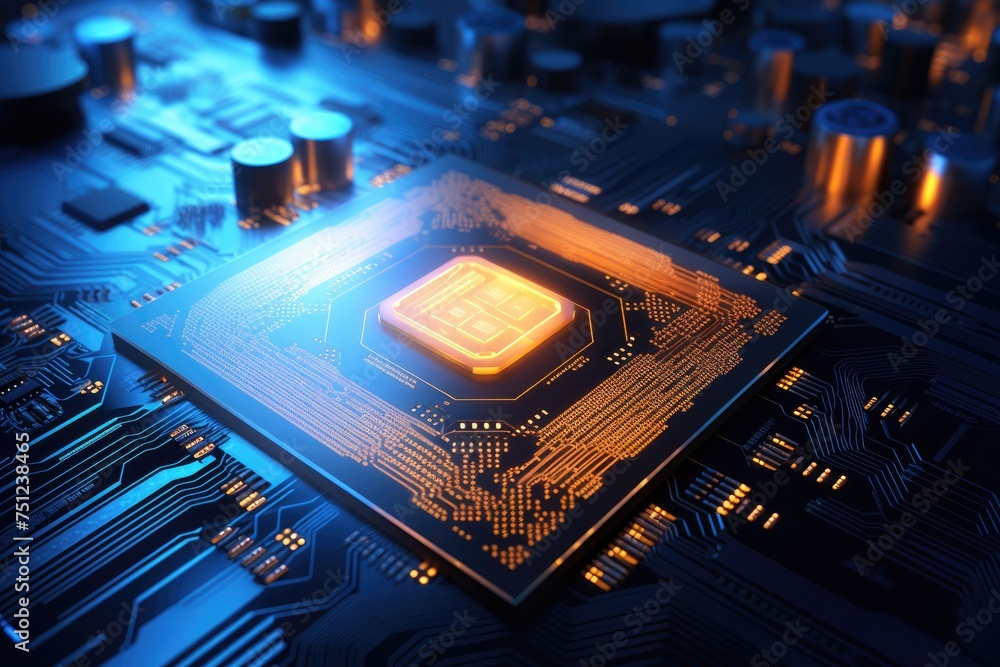 Poster close up of a cpu chip with glowing circuits, photo abstract microchip mother board background compu