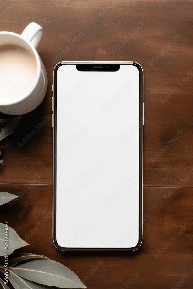 Poster Top view An aesthetic view of a smartphone with an empty white mock up screen with copy space on a brown office table with a cup of coffee, Latte. Flat lay Workspace, Modern technologies concepts.