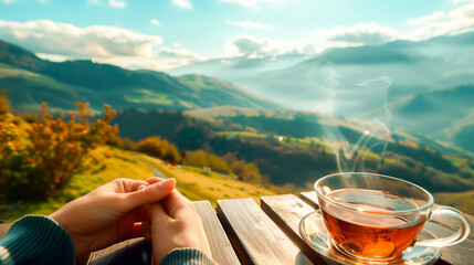 A beautiful woman hands, beside is a steaming cup of tea on a wooden table against a beautiful mountain landscape background. relaxing and enjoying nature in autumn or spring time, copy space - obrazy, fototapety, plakaty