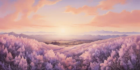 Fototapeten Soft gradients of peach and lavender blend seamlessly, casting a gentle glow that bathes the illustration in a serene and tranquil light, inviting viewers to immerse themselves in its beauty. © maaz