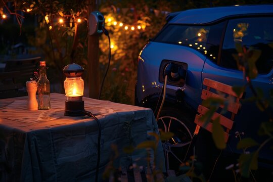 romantic dinner for two is set on a table, with wine glasses, a burning candle, and a car visible in the background