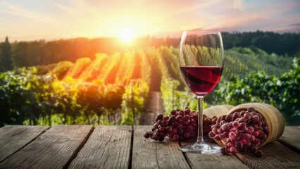 Glass of Red Wine and Grapes on Wooden Table - obrazy, fototapety, plakaty