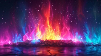 neon gradient light blue, turquoise and purple art of rainbow fire place on black background with stars