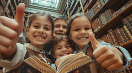 Group of children smiling, having thumbs up doing their dream job as Historians in the archives. Concept of Creativity, Happiness, Dream come true and Teamwork. - 751239207