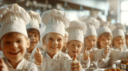 Group of children doing their dream job as Chief Cooks in the kitchen. Concept of Creativity, Happiness, Dream come true and Teamwork.