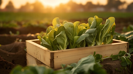 Pak Choi salad in a wooden box with field and sunset in the background. Natural organic fruit abundance. Agriculture, healthy and natural food concept. Horizontal composition. - 751239463