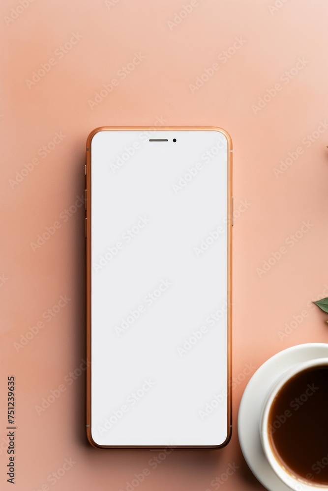 Poster close-up, minimalistic top view of a smartphone with an empty white mock up screen with copy space o