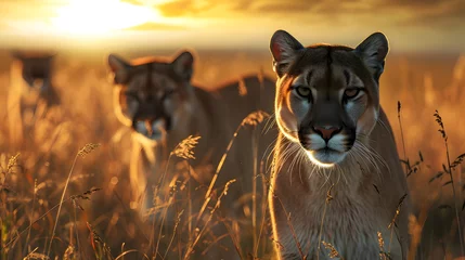 Tuinposter Puma family in the savanna with setting sun shining. Group of wild animals in nature. © linda_vostrovska