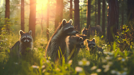 Racoon dog family in the forest with setting sun shining. Group of wild animals in nature.
