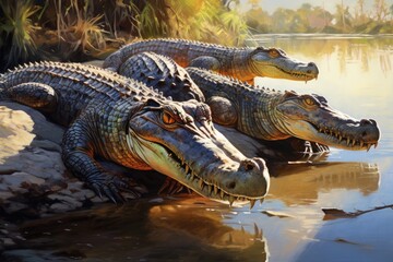 Fototapeta premium Crocodiles resting in the sun on a river bank, Photo crocodile basking in the sun near the river, Ai generated
