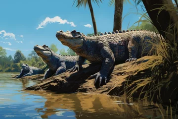 Poster Crocodiles resting in the sun on a river bank, Photo crocodile basking in the sun near the river, Ai generated © Tanu