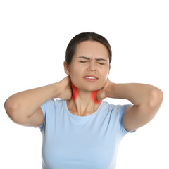 Woman suffering from rheumatism on white background