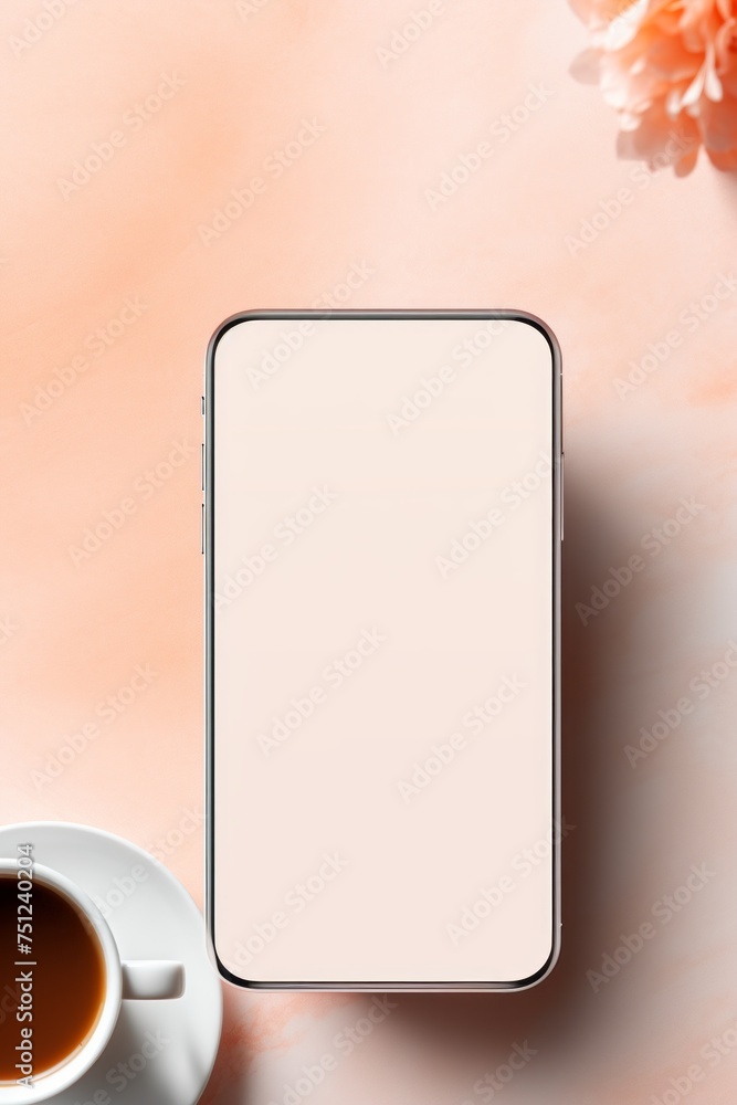 Poster Minimalistic Top View of a smartphone with empty white mock up screen with copy space on a peach table with a cup of Latte. Aesthetic Flat lay, Workspace, technologies, Mobile applications concepts.