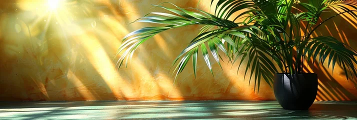 Rolgordijnen Palm Leaf On Green Surface Shadow, HD, Background Wallpaper, Desktop Wallpaper © Moon Art Pic