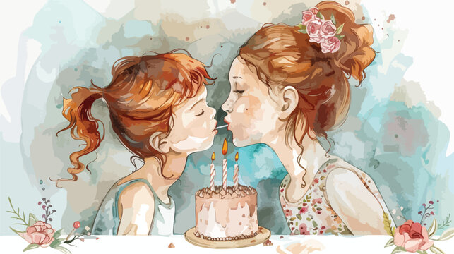 Watercolor illustration mom and child blowing out 