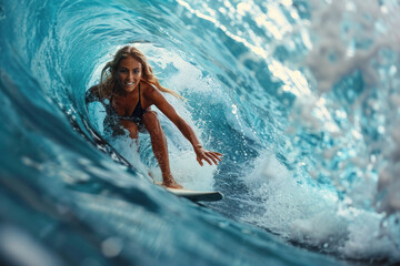 African woman riding the wave on a surfboard