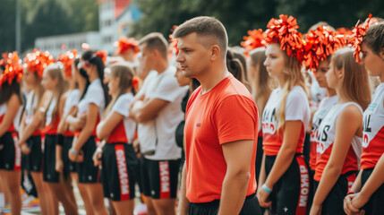 Focused Coach with Cheerleading Team Lined Up at Sports Event