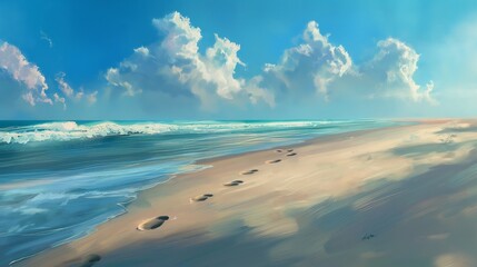 Footprints leading towards the tranquil waves, disappearing into the distance under the expansive, cloud-strewn blue sky.