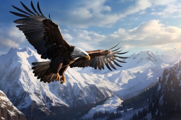 Obraz premium An eagle soaring high above a mountain range, eagle falcon in flight generative ai