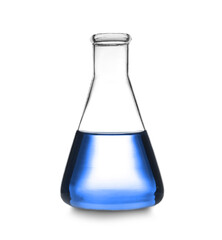 Conical flask with blue liquid isolated on white. Laboratory glassware