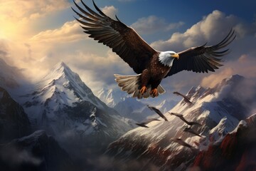 An eagle soaring high above a mountain range, eagle falcon in flight generative ai