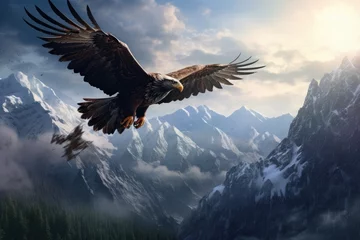 Fototapeten An eagle soaring high above a mountain range, bald eagle flying in the blue sky, Ai generated © Tanu