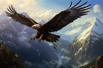 Sierkussen An eagle soaring high above a mountain range, bald eagle flying in the blue sky, Ai generated © Tanu