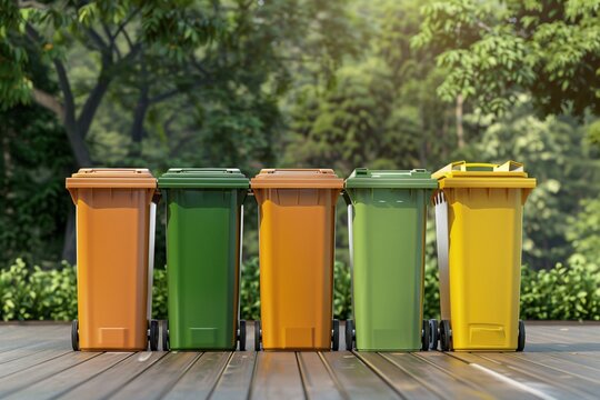 a row of colorful trash cans