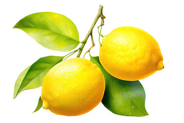 Lemon fruits hanging with branch and leaves isolated on PNG Background. Generative Ai.