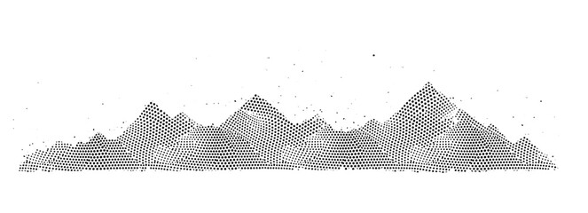Abstract mountain with dot halftone gradient texture vector landscape background. Black graphic hill shape illustration. Rocky peak silhouette. Retro outdoor ridge half tone panorama. Rock terrain