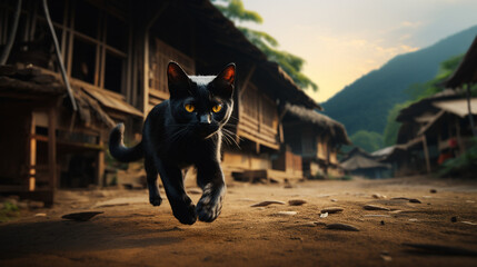 Black Cat Running in Old Village