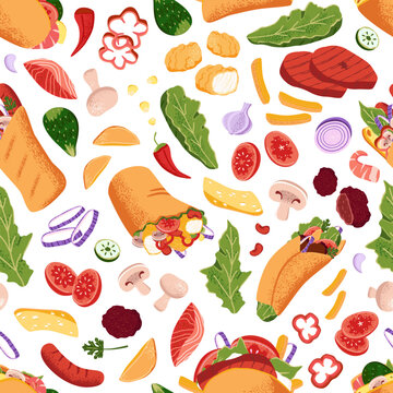 Repeating pattern of different fast food. Endless print with shawarmas, fastfood. Various ingredients to cooking shawerma on background: vegetables, meat, tortilla. Flat vector seamless illustration