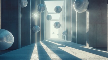 Futuristic orbs suspended in a 3D abstract space, casting shadows and creating a mesmerizing visual symphony of simplicity.