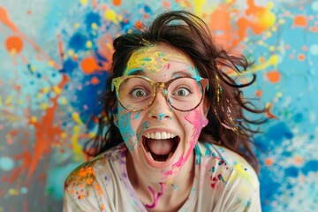 Joyful Mess: Happy Woman Covered in Paint Splatters, Artistic Expression, Colorful Creativity, Playful Art, Abstract Fun, Spontaneous Happiness