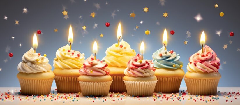 A row of colorful cupcakes adorned with lit candles sticking out of them, ready to celebrate a birthday or special occasion. The candles flicker in the soft light, casting a warm glow over the sweet
