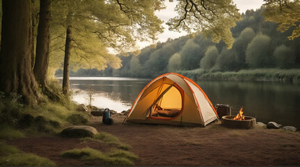a tent for camping in a riverside woodland. .generative.ai - obrazy, fototapety, plakaty