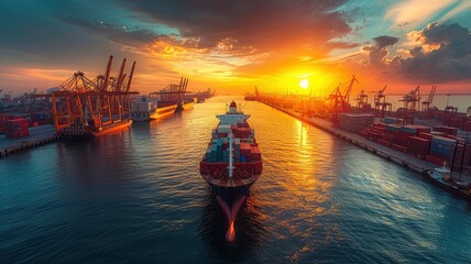 A majestic cargo ship laden with colorful containers enters a busy port, guided by tugboats under a dramatic sunset sky.
generative ai - obrazy, fototapety, plakaty