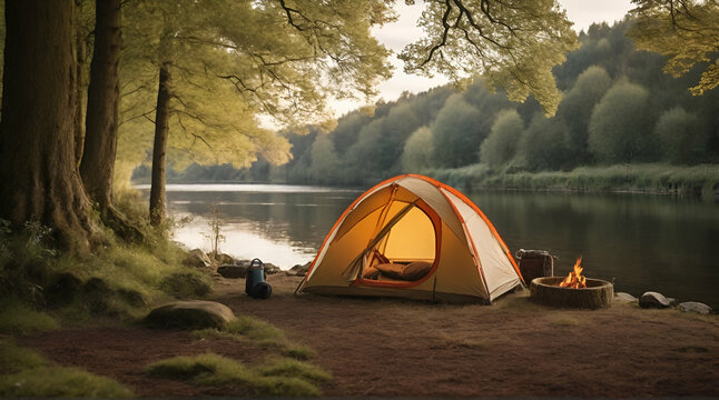 a tent for camping in a riverside woodland. .generative.ai